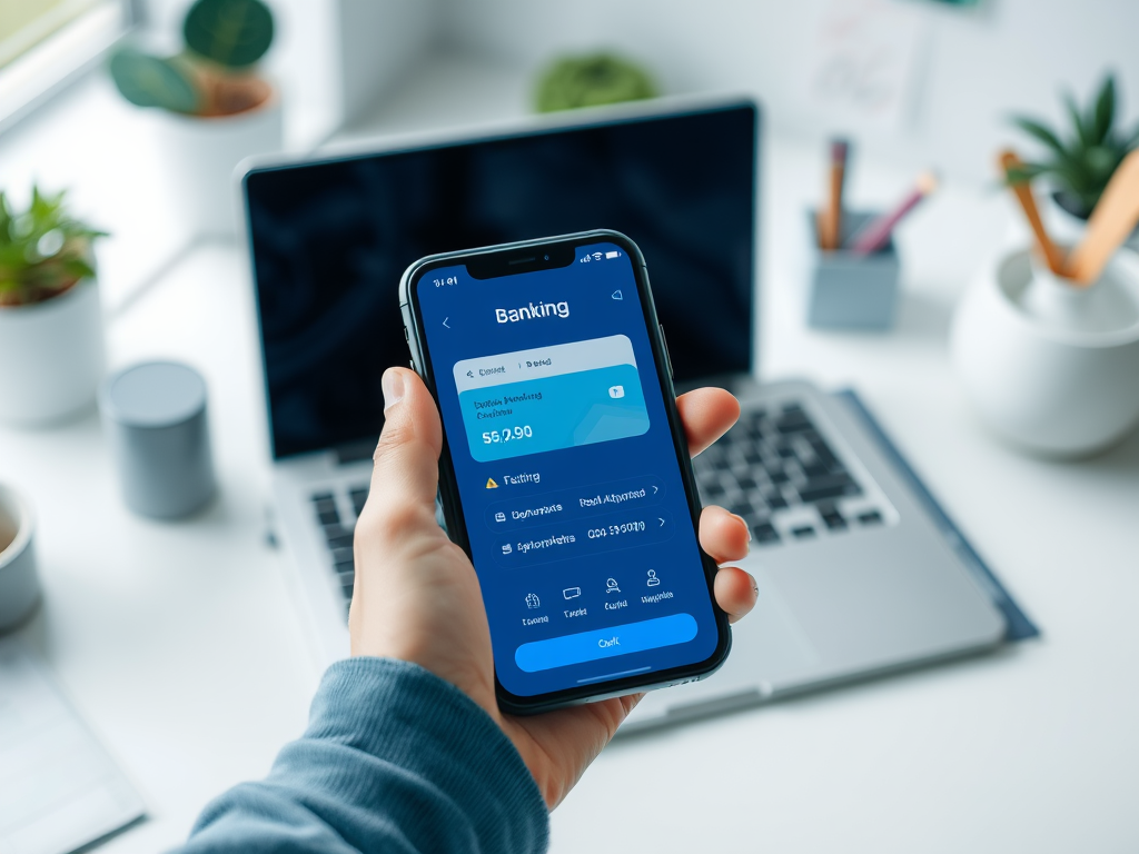 На изображении смартфон с банковским приложением на фоне ноутбука и домашних растений.