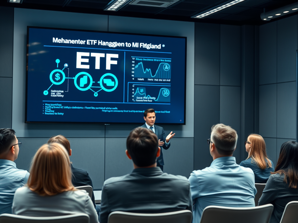 На презентации обсуждаются ETF, стратегии инвестирования и финансовые тенденции. Слушатели внимательно слушают докладчика.