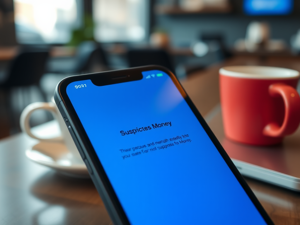 Смартфон на столе с сообщением о подозрительных финансах на синем фоне и чашкой кофе рядом.