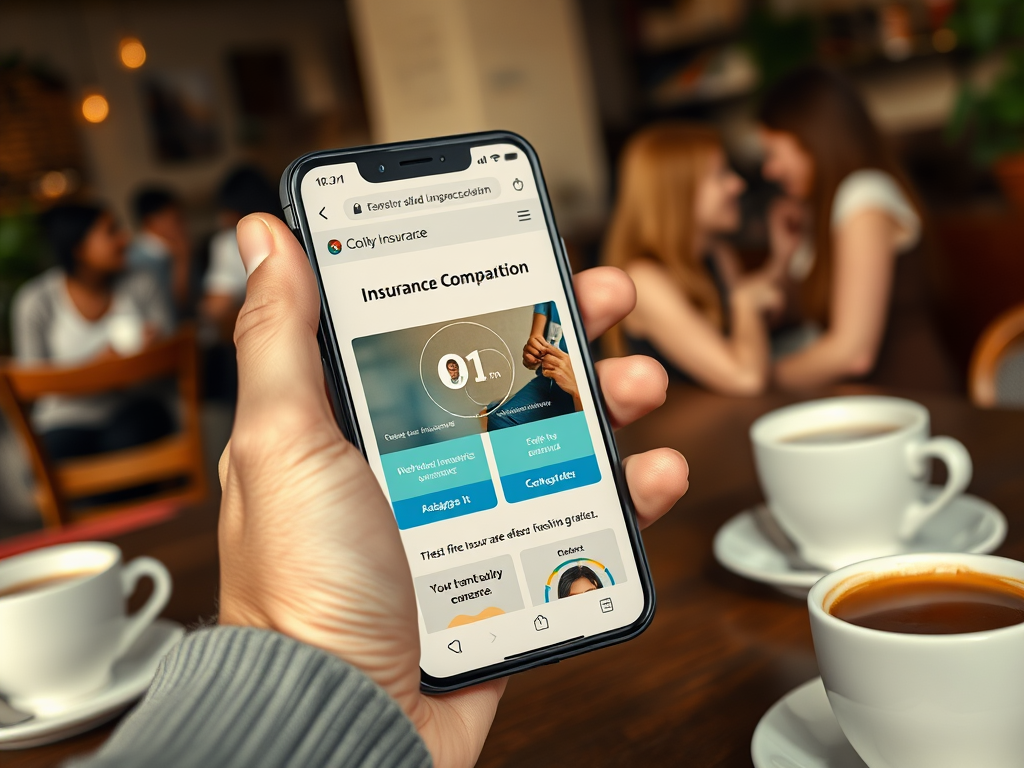 На изображении телефон с веб-страницей о страховом плане, рядом с чашками кофе и людьми в кафе.